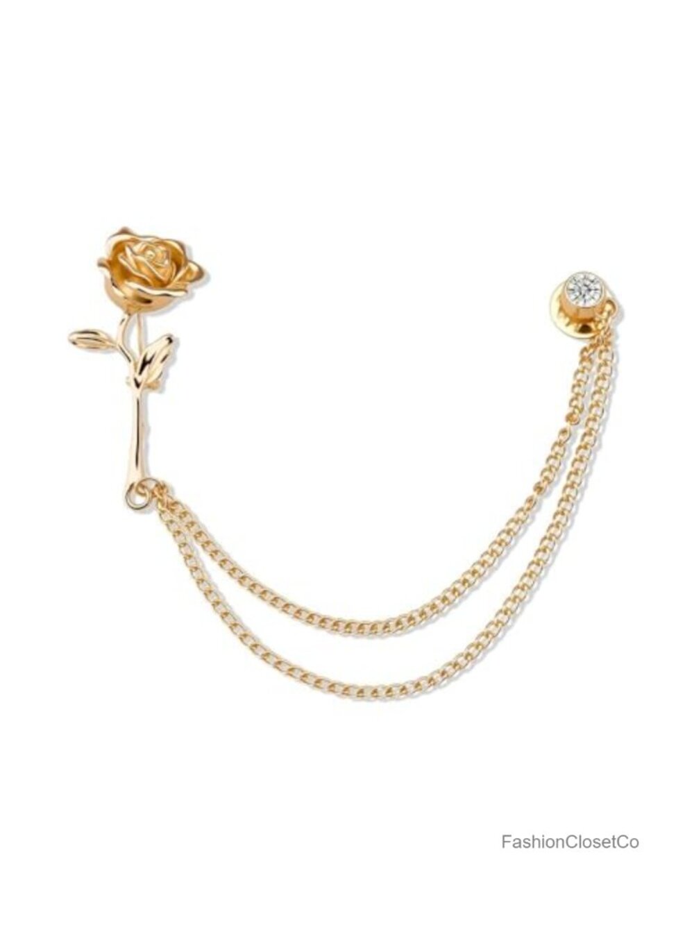 Vintage Rose Brooch Pin Rhinestone Chain Lapel Sweater Clip